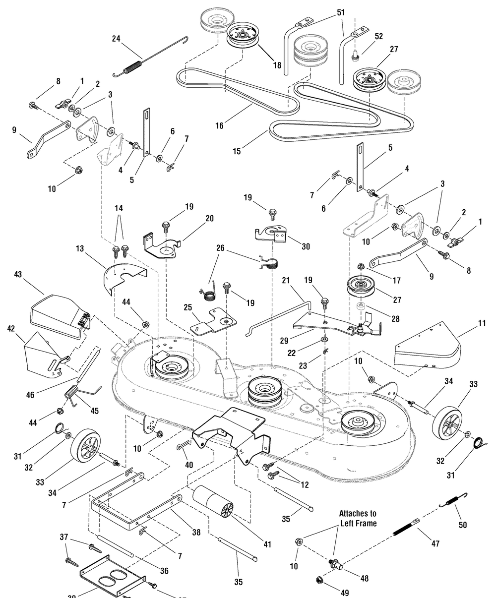 46" Mower Deck - Clutch And Support Diagram and Parts List for 7800568-RT195460 2009 Briggs and Stratton Lawn Tractor